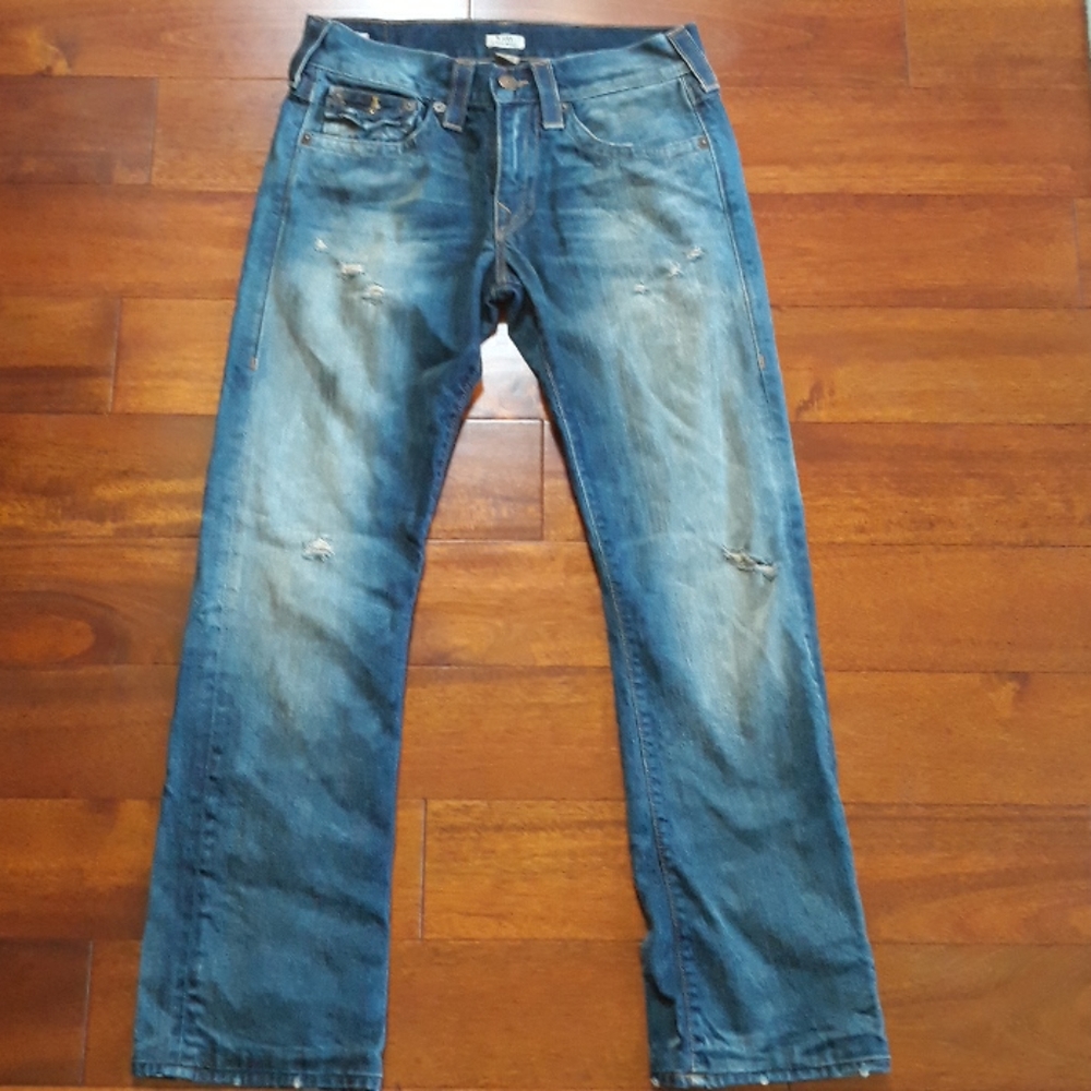 True Religion Blue Faded Distressed Straight Jeans
